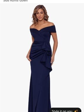 Xscape Off-Shoulder Navy Ruffle-Detail Maxi Gown